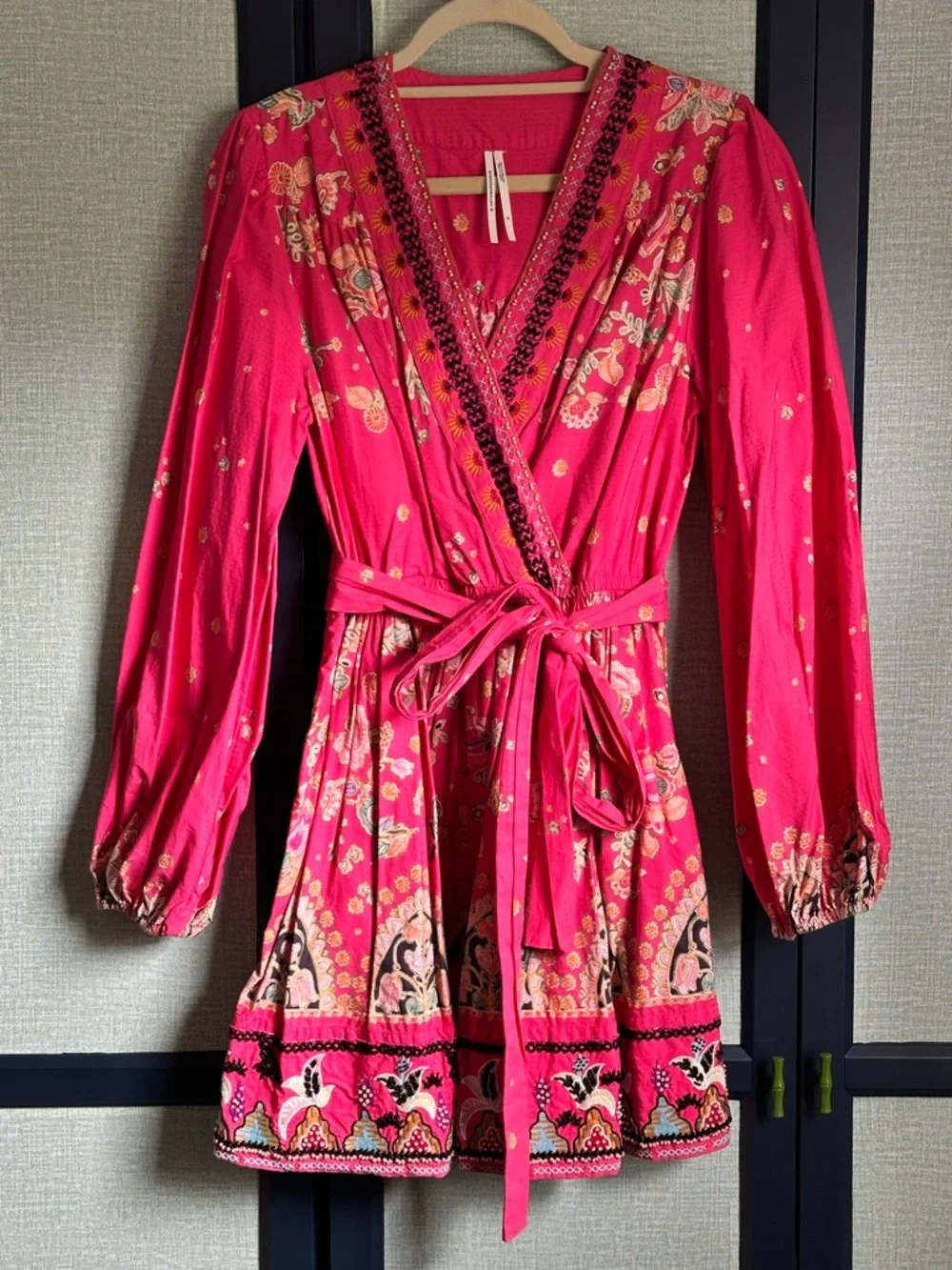 Anthropologie Raquel Beaded + Embroidered Wrap Style Mini Dress in Pink, Size M - Picture 2 of 13